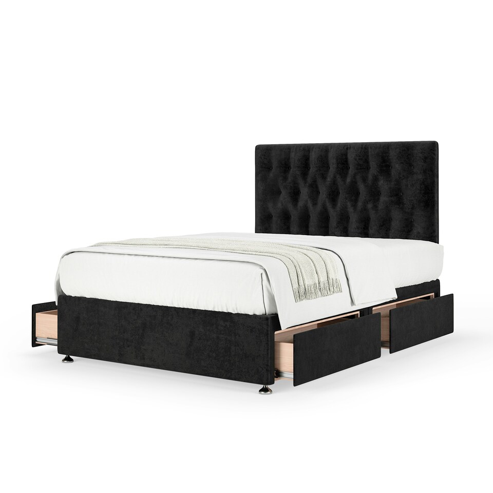 image 1 of Signature Platinum 2000 Pocket Sprung Black Naples Velvet 4 Drawer Divan Set And Lona Headboard Double
