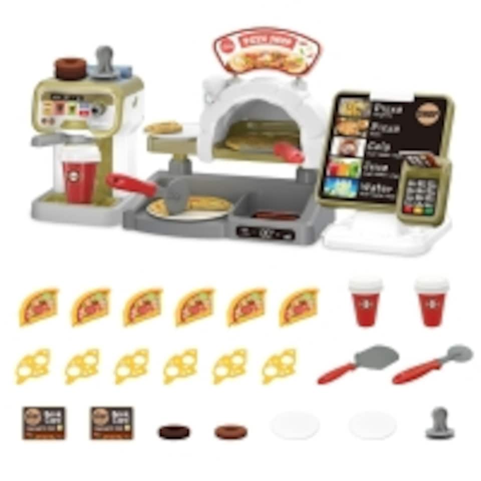 image 1 of Pretend Play Coffee Shop & Pizza Café Set – 30-Piece Kids’ Coffee Maker Playset with Cash Register and Food Accessories
