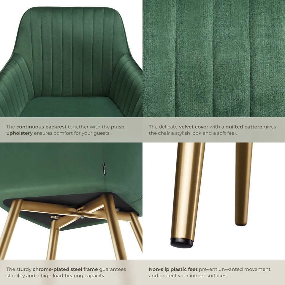 image 1 of Dining Chair Marilyn - quilted velvet, continuous backrest, gold steel legs | Green | dark green/gold | 1