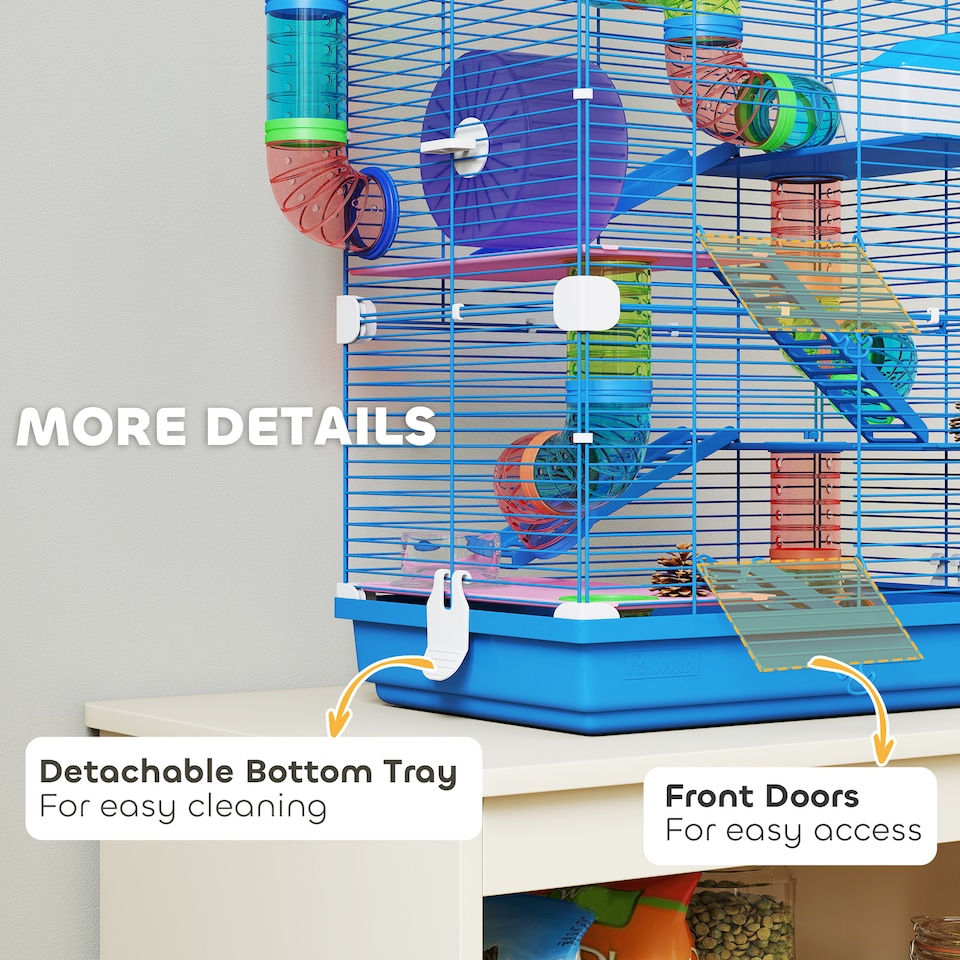 image 1 of Pawhut 5 Tier Hamster Cage, Gerbil Cage with Tube Exercise Wheels, Tunnel, Water Bottle, Dishes, Blue, 58H x 46L x 30Wcm