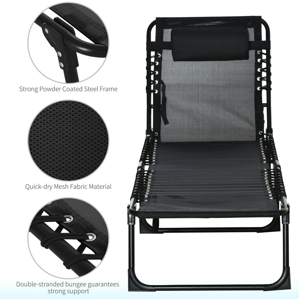 image 1 of Outsunny Folding Beach Chair Chaise Lounge 4 Adjustable Positions, Black
