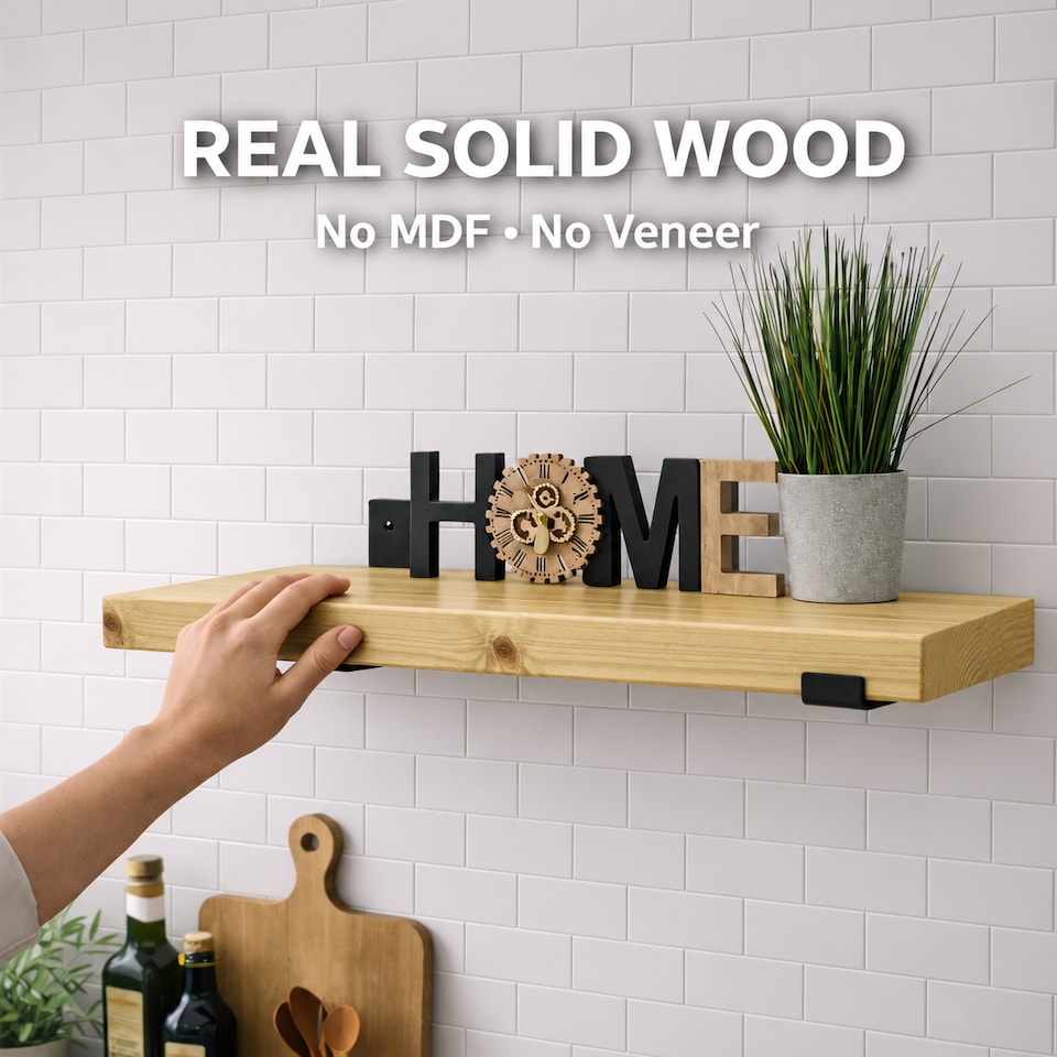 image 1 of MKGT Handmade Antique Pine Floating Wall Shelf with Steel Brackets, Solid Wood, 140 x 22 x 4.5 cm