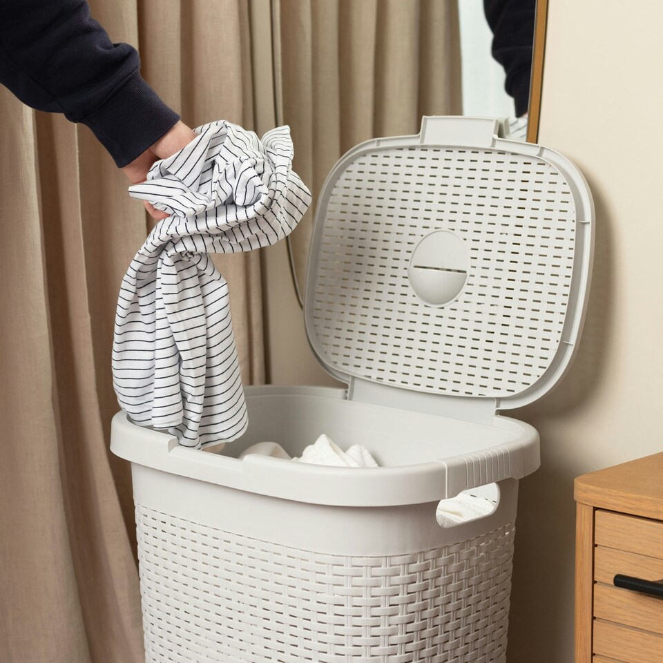 image 1 of Addis Rattan Effect 50L Laundry Hamper - Light Grey