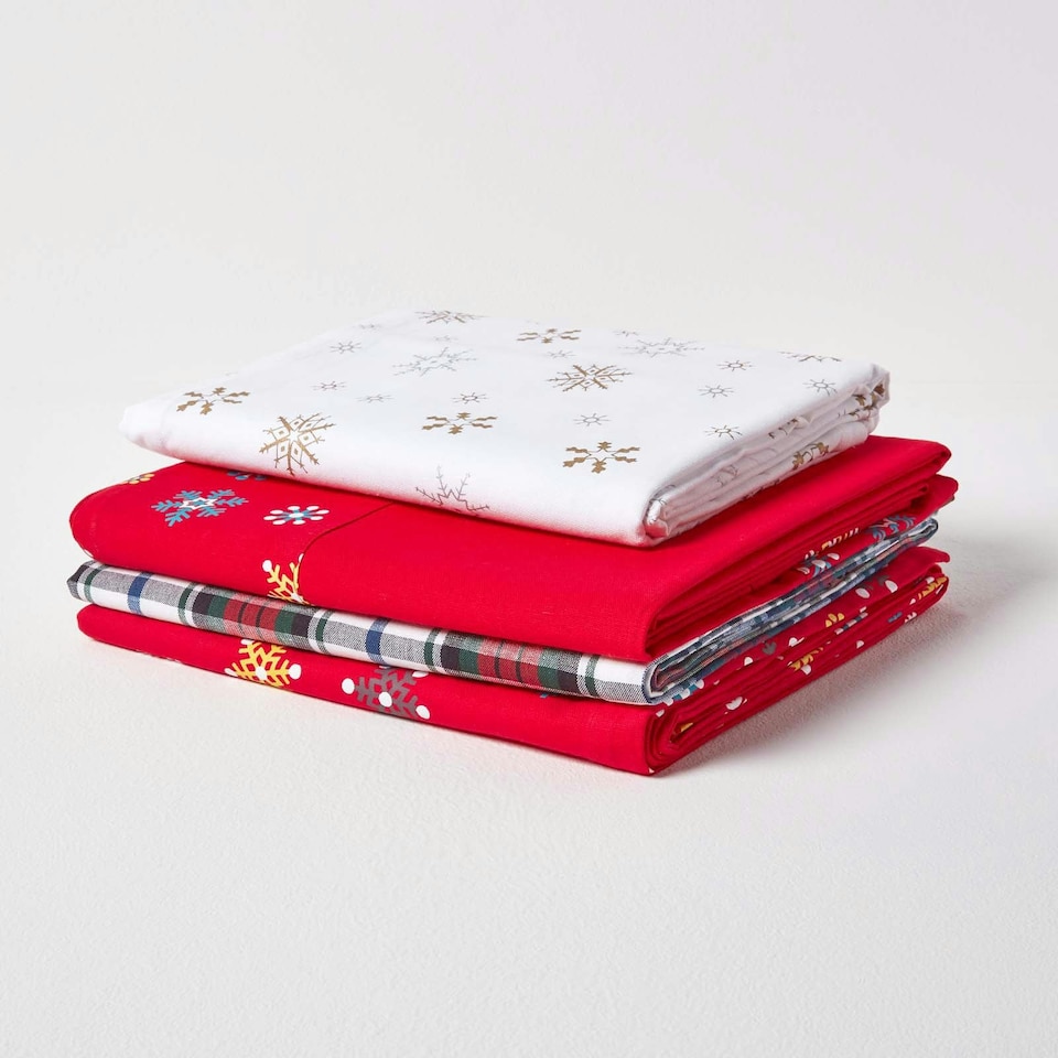 image 1 of Homescapes Cotton Christmas Red Snowflake Border Tablecloth - 137 x 178 cm | Red | 137cm x 178cm (54" x 70")