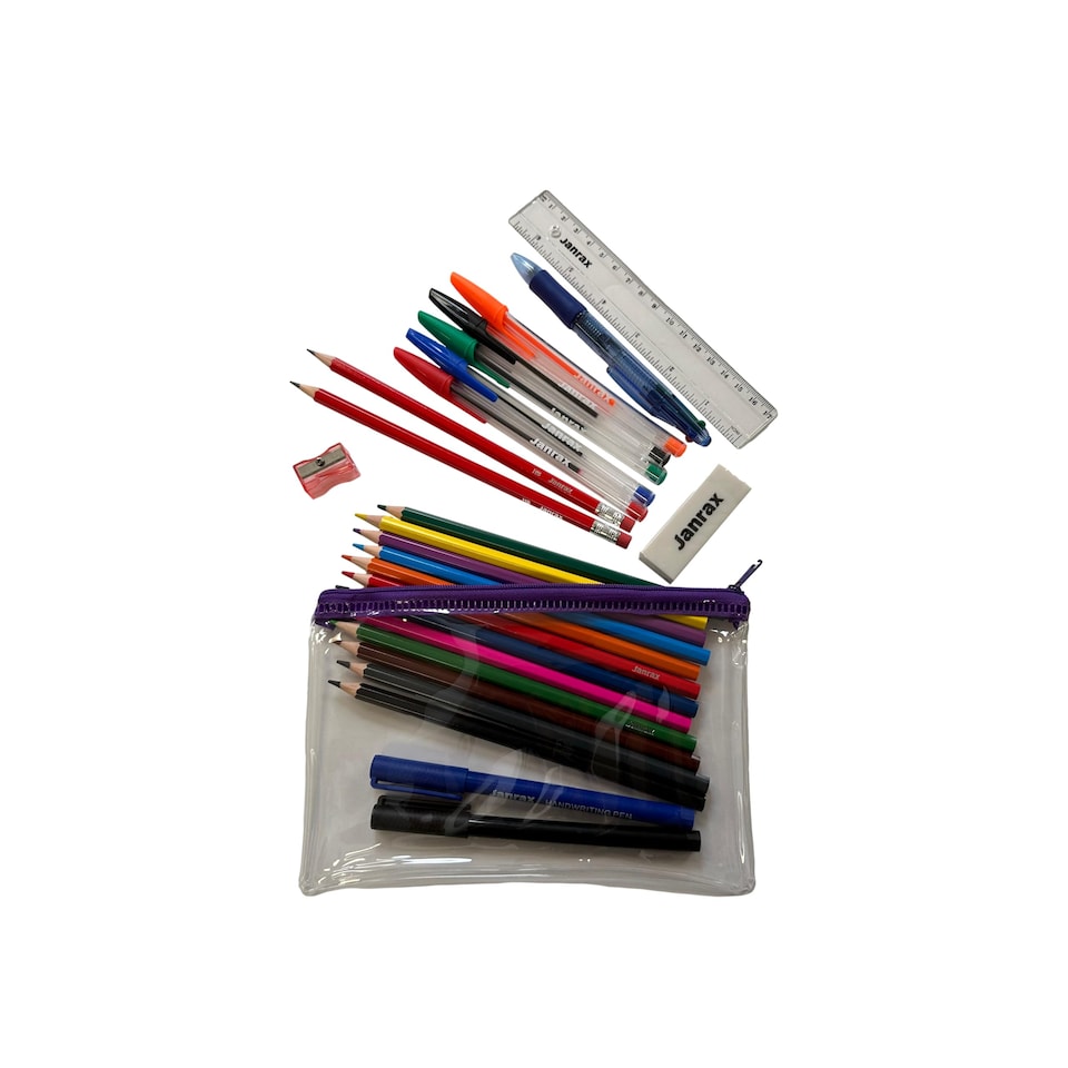 image 1 of Stationery Filled Purple Zip 8x5" Pencil Case with Colouring Pencils