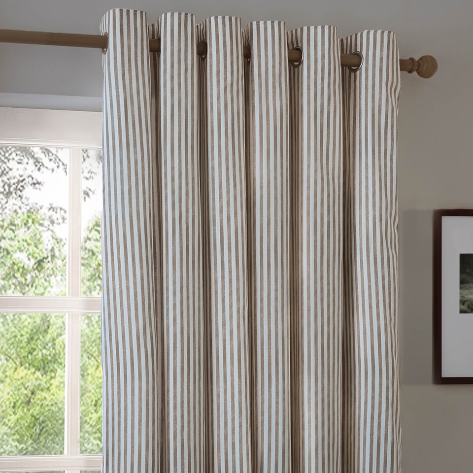 image 1 of Hebden Striped Cotton Eyelet Curtain Pair, 168 x 137cm, Mole | Brown | Mole