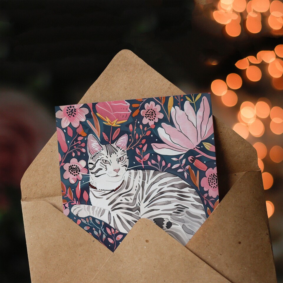 image 1 of Greeting Card Striped Cat Laying in Pink Wildflowers Watercolour
