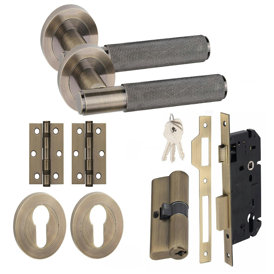image 1 of Golden Grace Straight T-Bar Knurled Euro Lock Door Handle Set Antique Brass with 70mm Key, Hinges and Deadbolt Bronze