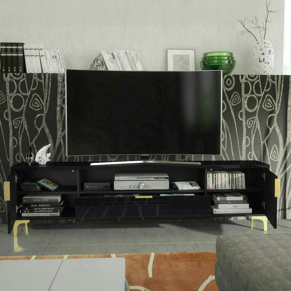 image 1 of TV Unit 200cm Black Gloss Doors with Gold Legs and Centre Drawer Black