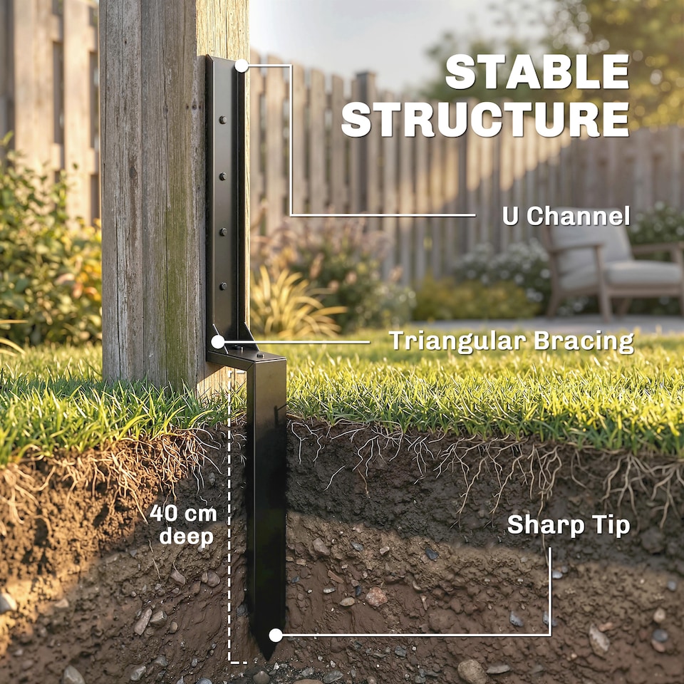 image 1 of Outsunny 2 Pack Fence Post Repair Kit, Metal Fence Post Support with Drill | Black | Black | 81 x 5.5 x 12 cm