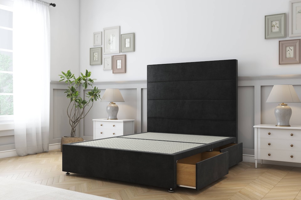 image 1 of Sloomy Texas Black Plush Divan Bed With Mattress 2 Drawers Same Side With 54" Floor Standing Headboard 5' King | Black | Black | King | 1