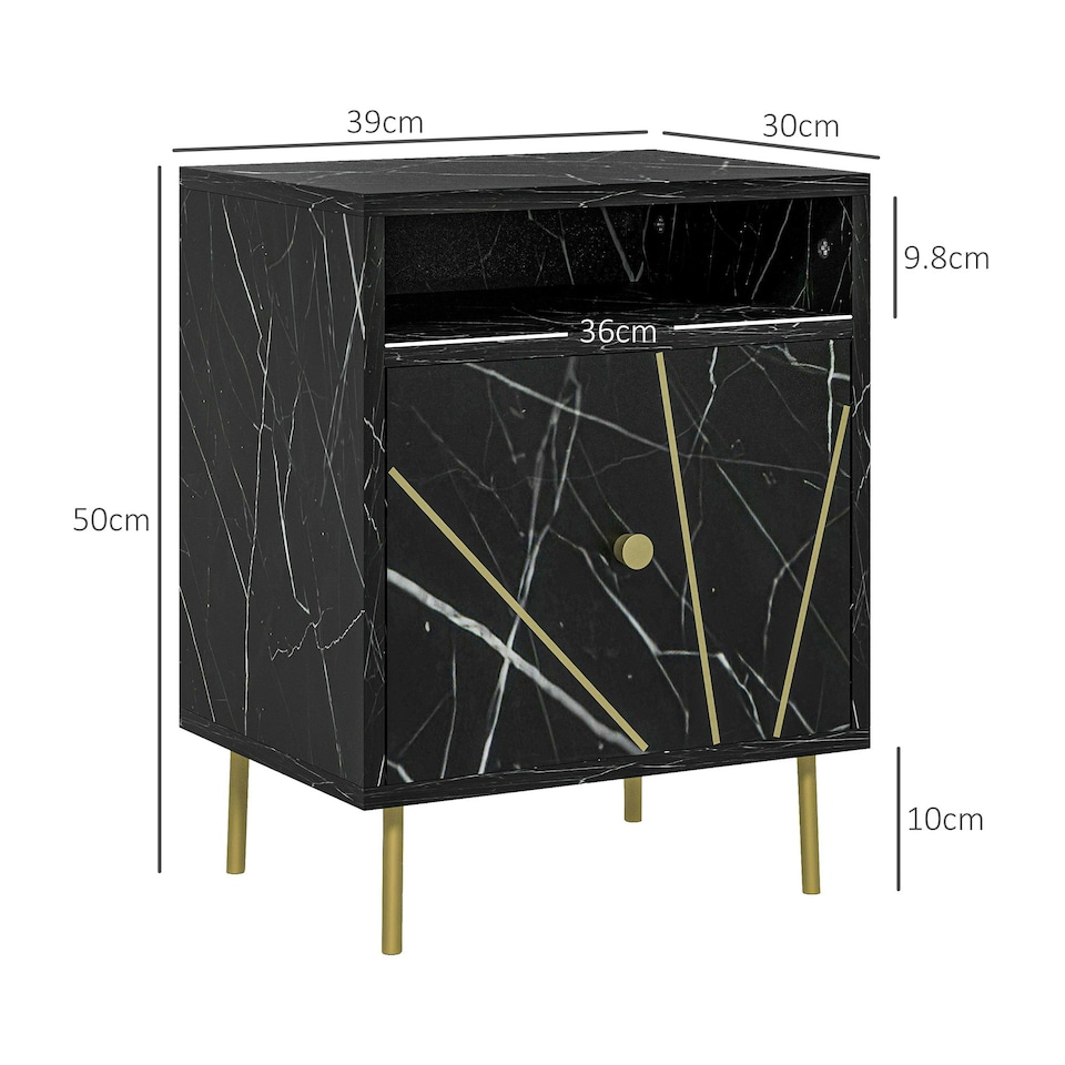 image 1 of HOMCOM Modern Bedside Table with Drawer and Open Shelf Black Marble Effect