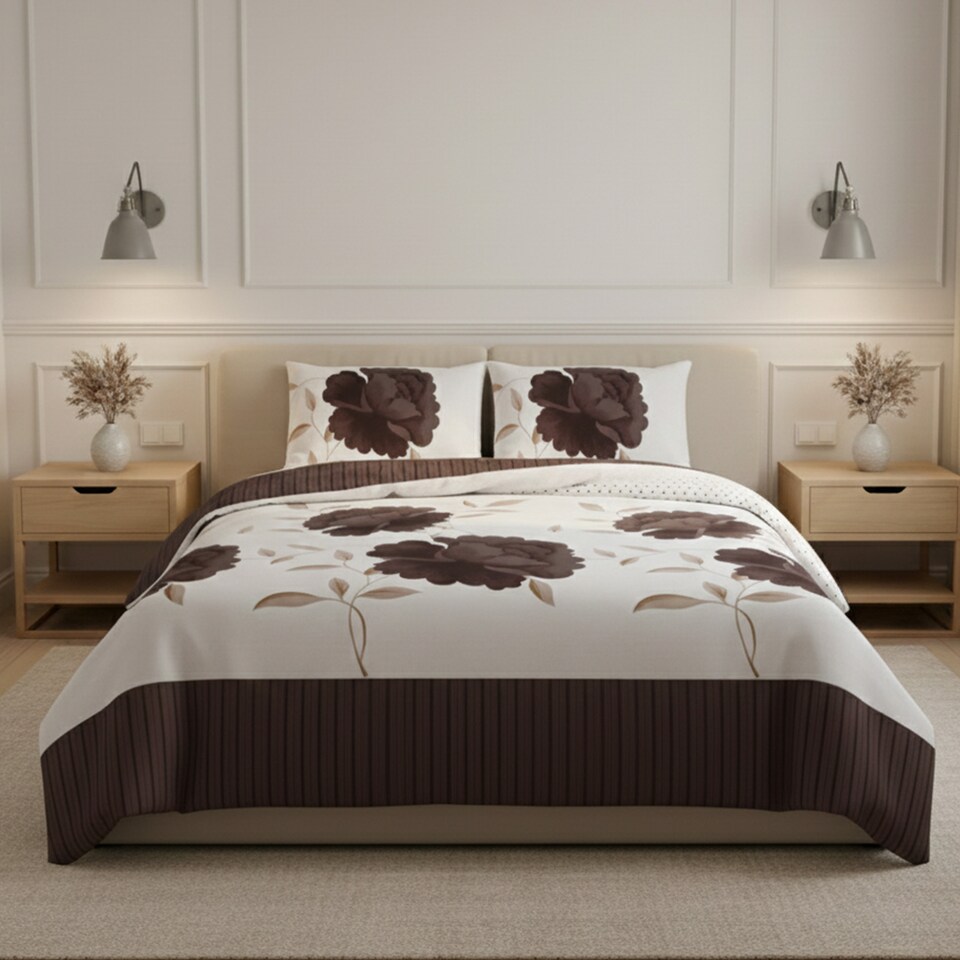 image 1 of Reversible Floral Duvet Set Elegant Flower Stripe Pattern Bedding for Home Decor | Brown | Double