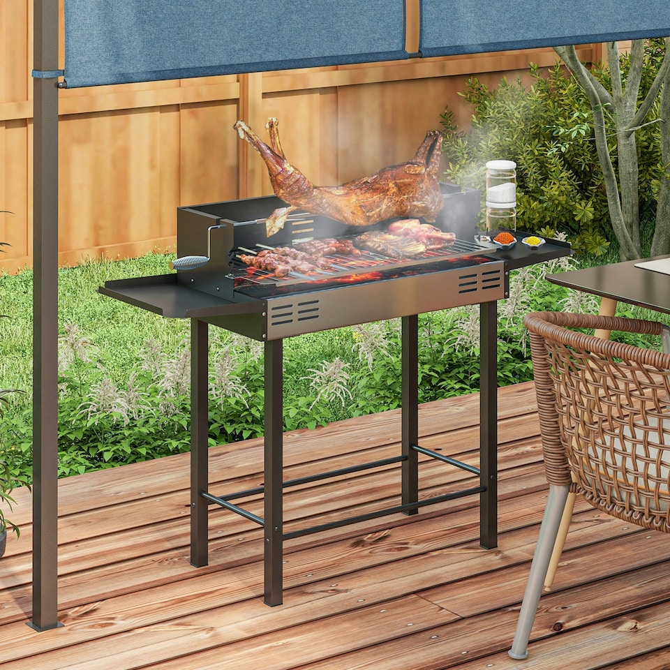 image 1 of Outsunny Charcoal Spit Roasting Machine w/ 3-Tier Grill Grate & Foldable Shelves