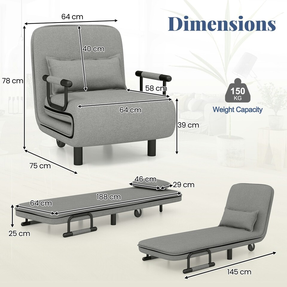 image 1 of COSTWAY 3-in-1 Convertible Sofa Bed Sleeper Chair Grey Grey