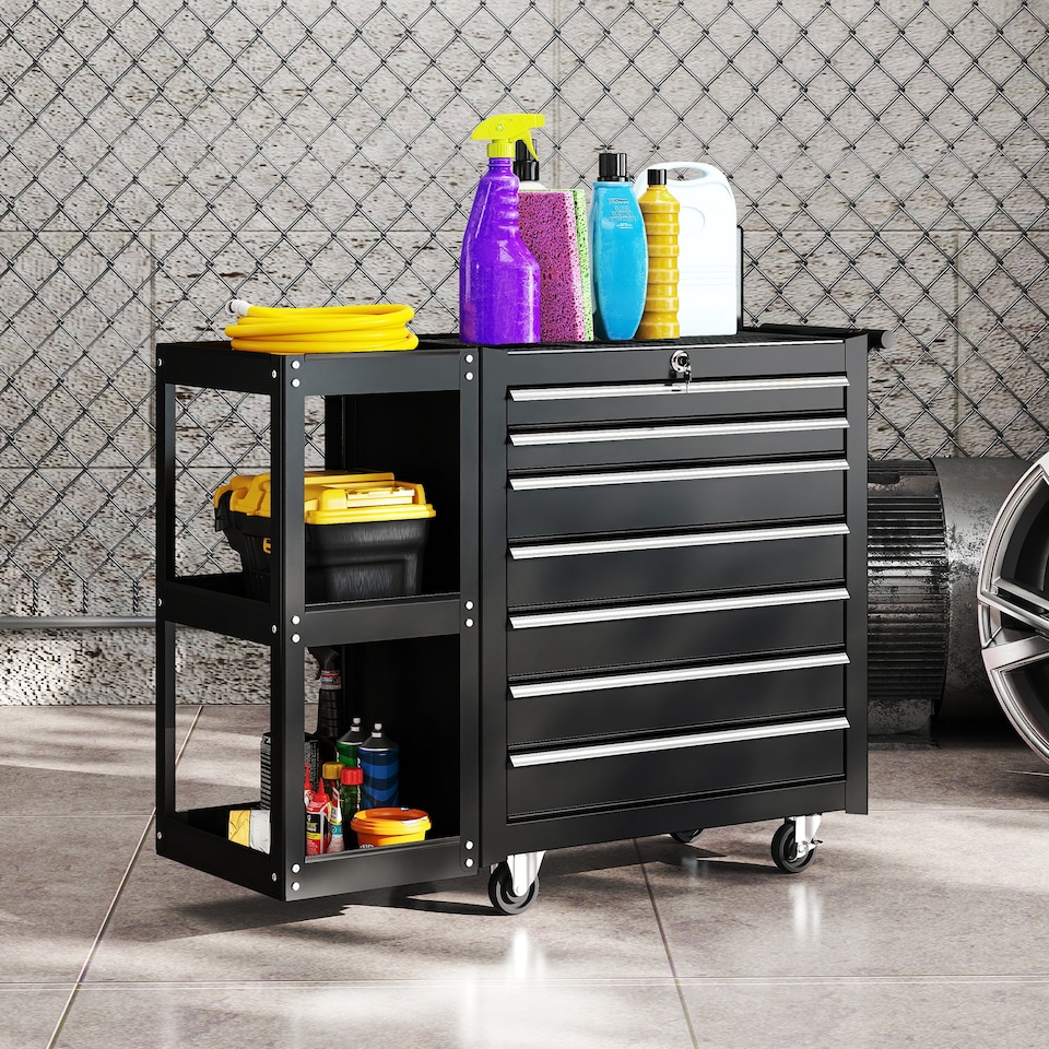 image 1 of HOMCOM 7 Drawer Lockable Steel Tool Chest on Wheels for Workshop, Black