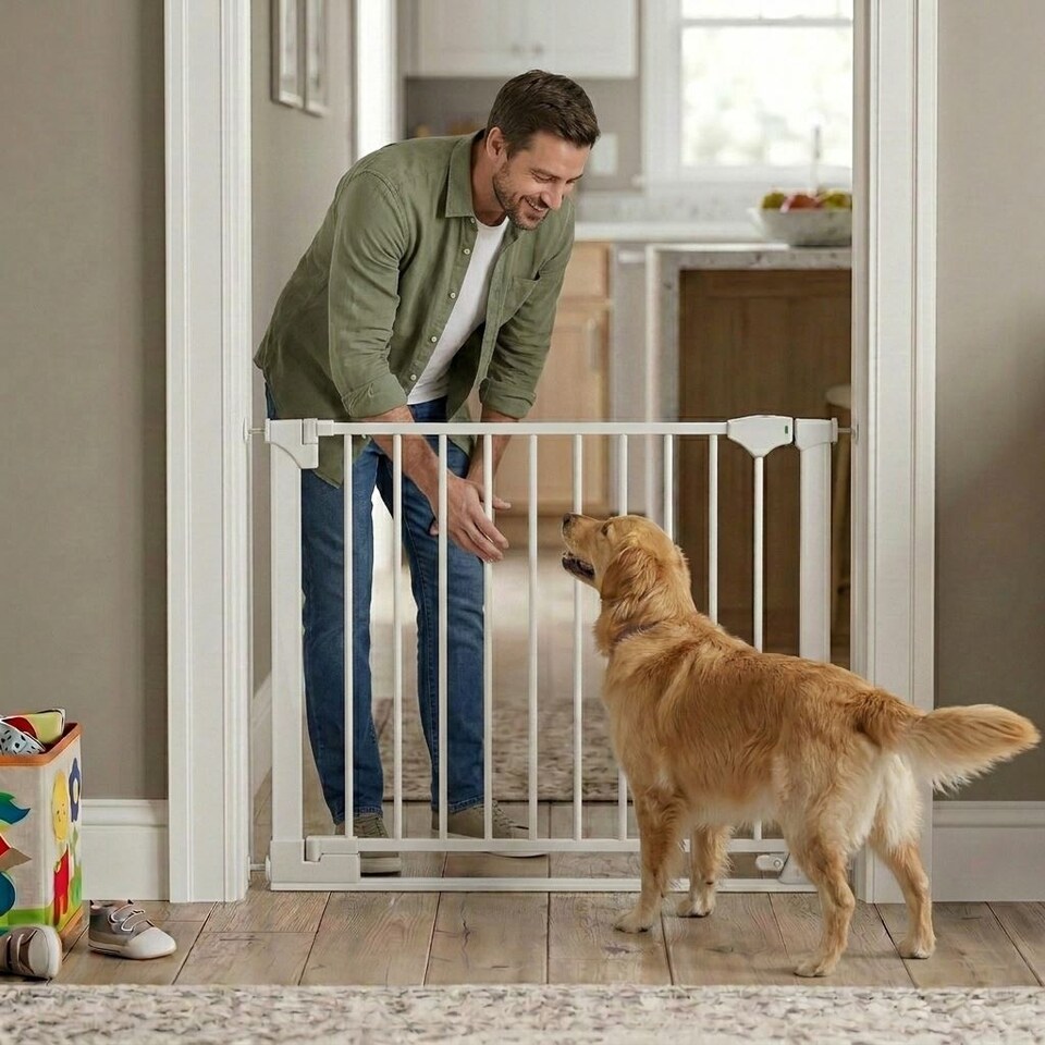 image 1 of Safetots SafeStep Gate, White, 131cm - 138cm, Extra Low Walkthough, 81cm Extra Wide Doorway, Extra Wide Gate for Stairs, Hallways and Doors, Baby and Toddler, Easy Installation
