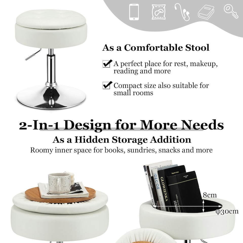 image 1 of Costway 360° Swivel Bar Stool w/ Lid Tufted Vanity Stool White