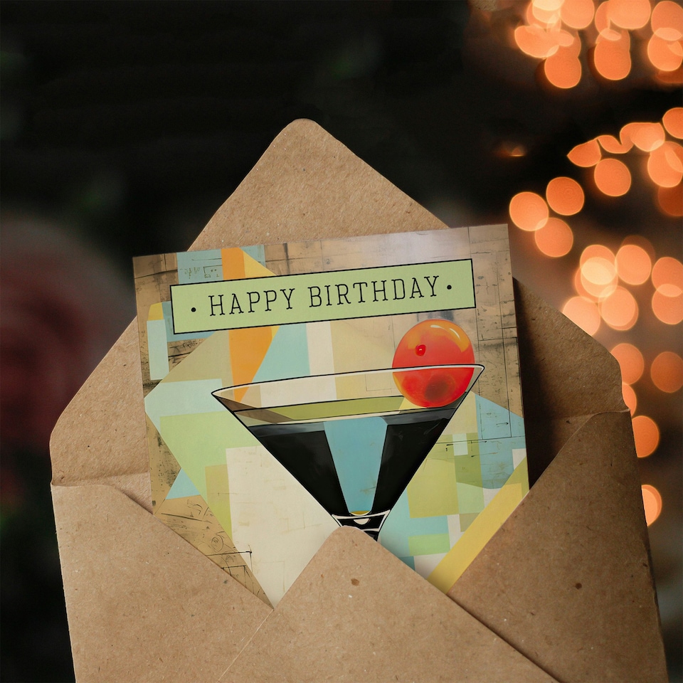 image 1 of Happy Birthday Modern Art Deco Martini Painting Birthday Card