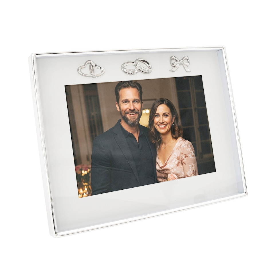 image 1 of Modern Wedding Picture Frame in Silver Plating with Rings and Hearts | Silver | One Size