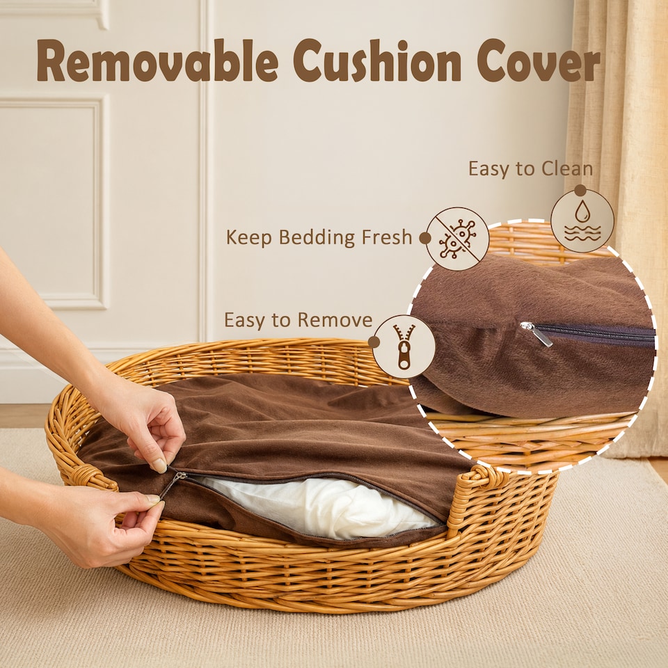 image 1 of Honey Color Wicker Dog Pet Bed with Washable Cushions (Large)