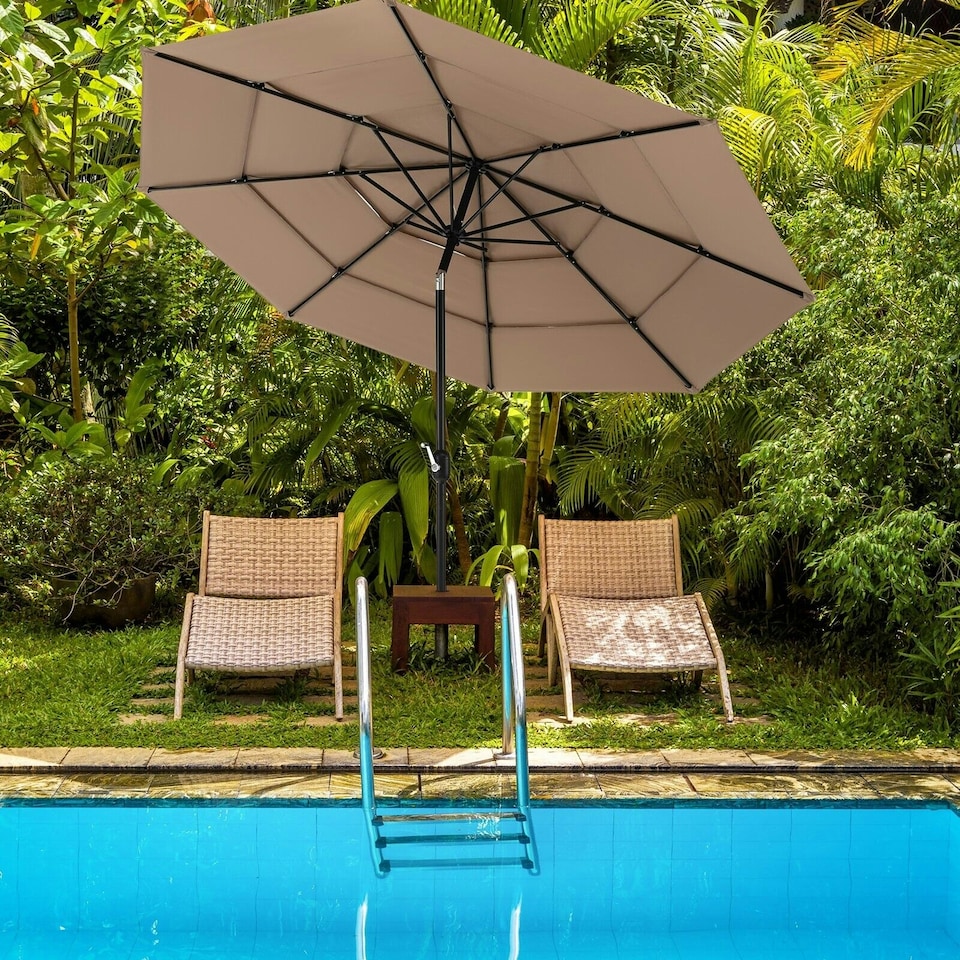 image 1 of COSTWAY 3-Tier Patio Umbrella Double Vented Crank Market Parasol Brown