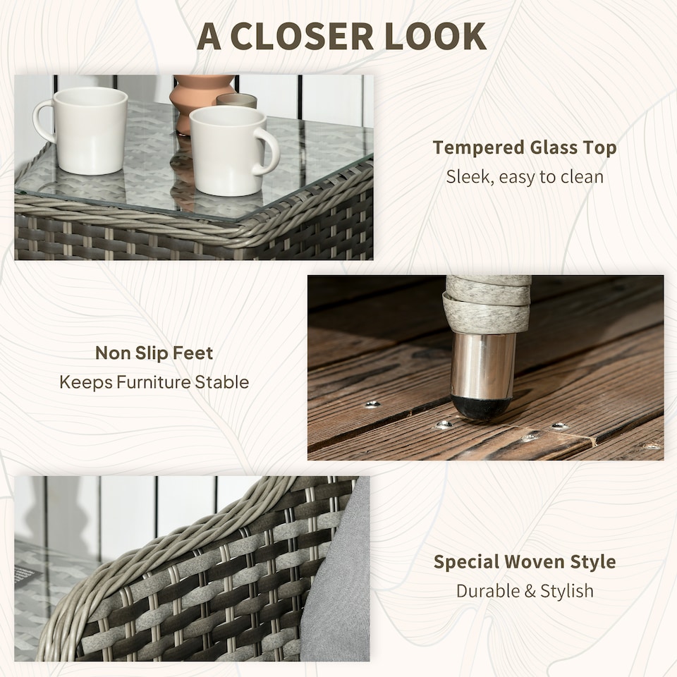 image 1 of Outsunny 3 Pieces Rattan Bistro Set, Wicker Garden Bistro Set, Glass Top Balcony Table and Chairs with Cushions for Outdoor, Patio, Balcony, Grey