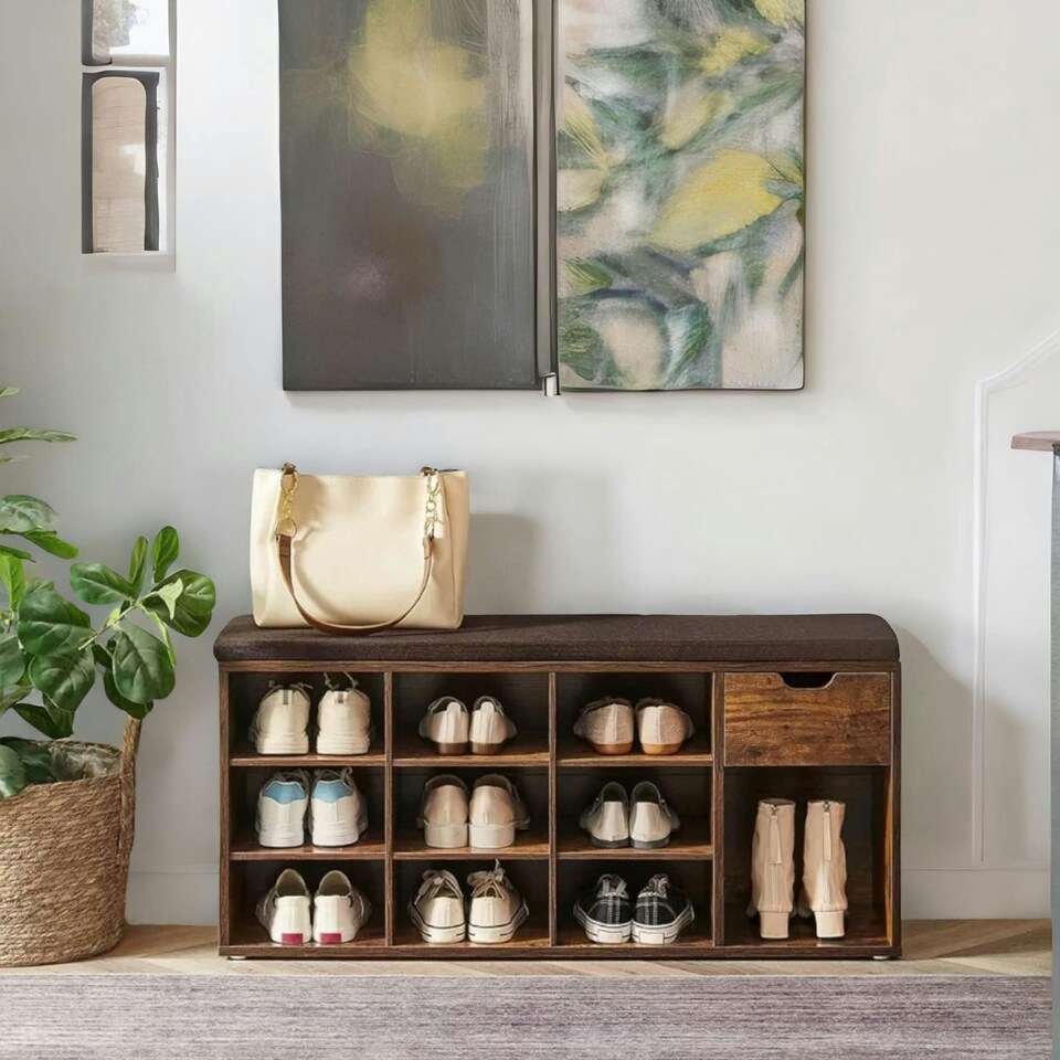 image 1 of 10 Compartment Shoe Storage Bench Industrial Rustic Brown Brown