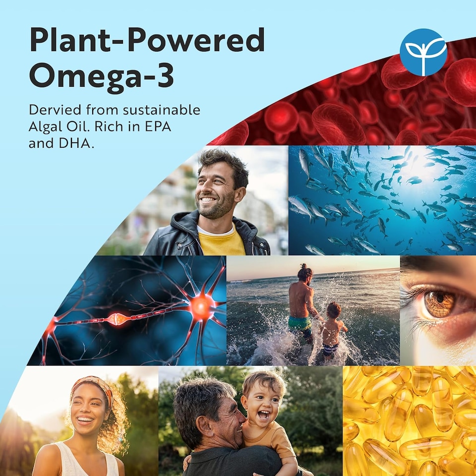 image 1 of Nutravita Vegan High Strength Omega 3 2000mg Soft Gels - Plant-Based 600mg DHA & 300mg EPA Derived from Sustainable Algal Oil - 60 Vegan Softgels