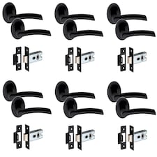 Golden Grace 6 Pairs Indiana Design Door Handles on Round Rose in Matt Black Finish with 2.5" Tubular Latch - 52mm Diameter | Black | 6 Pairs