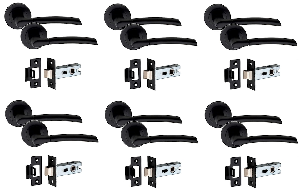 image 1 of Golden Grace 6 Pairs Indiana Design Door Handles on Round Rose in Matt Black Finish with 2.5" Tubular Latch - 52mm Diameter | Black | 6 Pairs