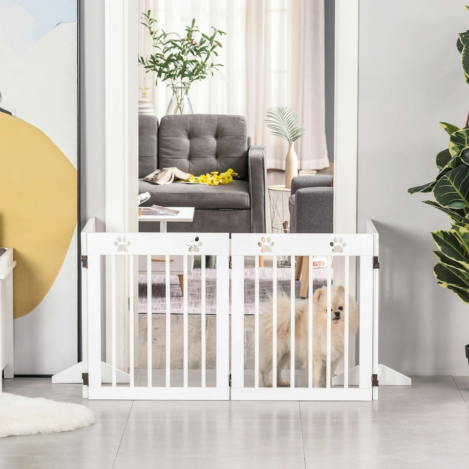 image 1 of PawHut Pet Gate 4 Panel Wooden Dog Barrier Folding Fence w/ Support Feet