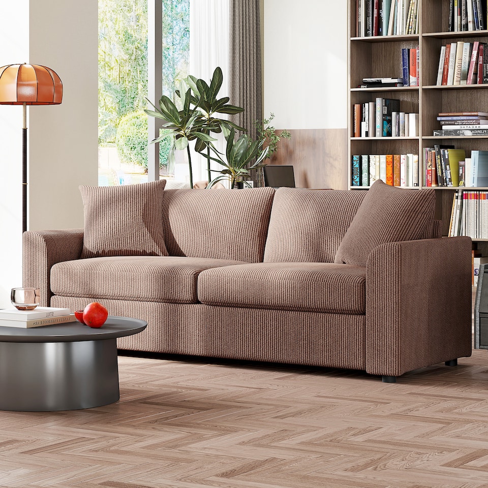 image 1 of HOMCOM 212 cm Upholstered Jumbo Cord Sofa Couch with Spring Cushion, Coffee | Brown | Brown