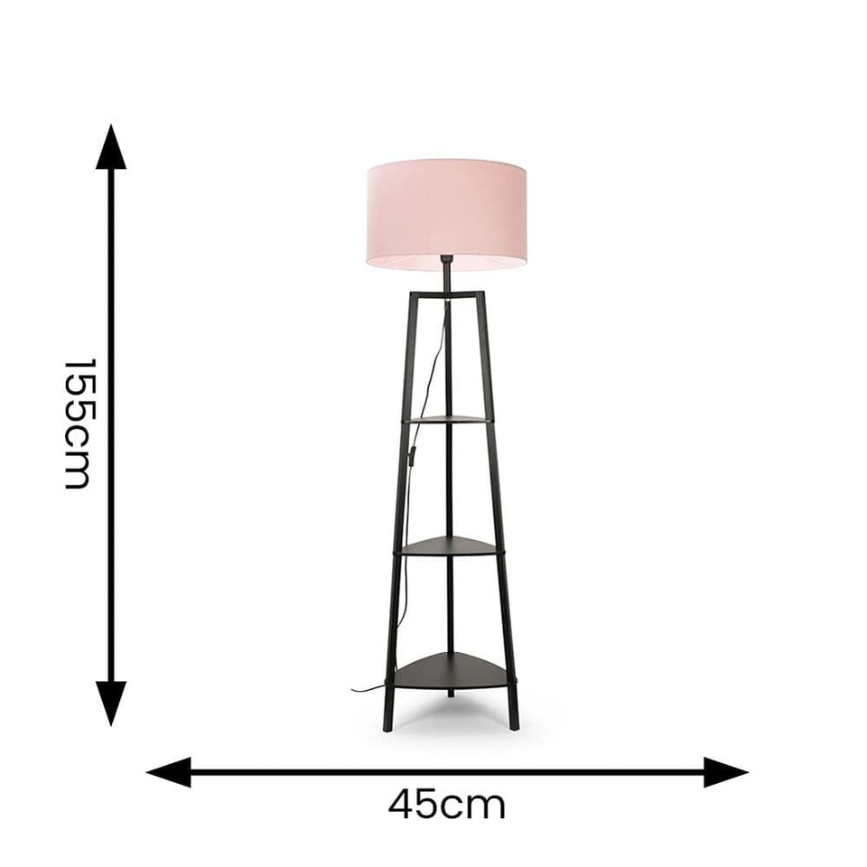 image 1 of ValueLights Hiru Black 3 Tier Shelf Floor Lamp Pink Shade & Bulb | Pink