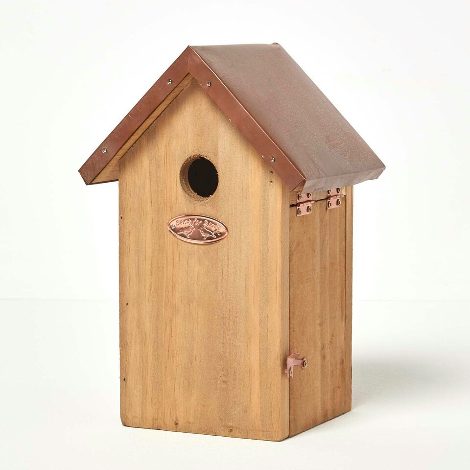 image 1 of Homescapes Wooden Blue Tit Bird Box House with Copper Roof Brown