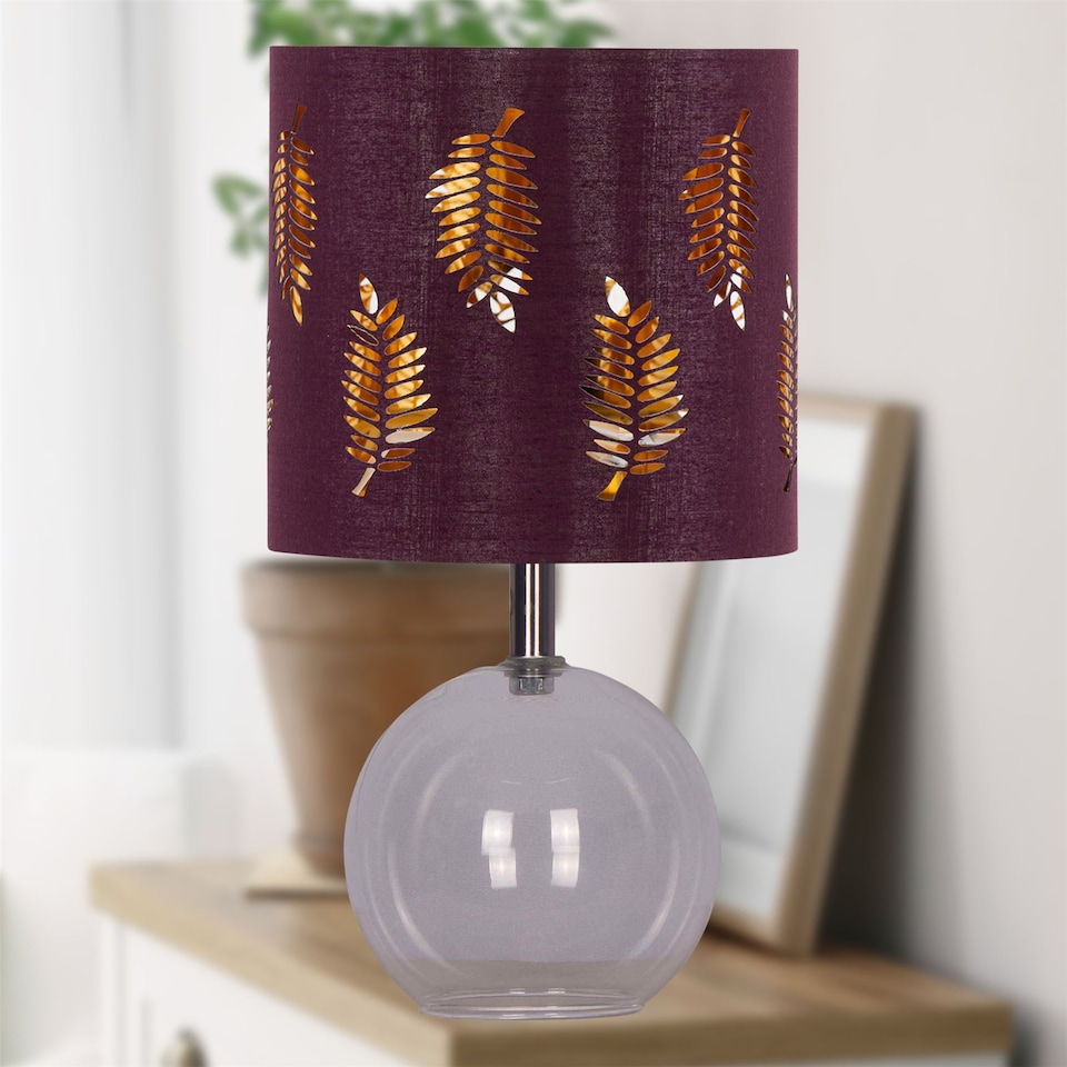 image 1 of Set of 2 Buck - Clear Glass Globe Table Lamps with Burgundy Shade