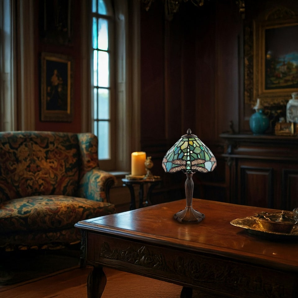 image 1 of Handmade Emerald Green Stained Glass 8 Inch Tiffany Lamp with Dragonfly Design | Green