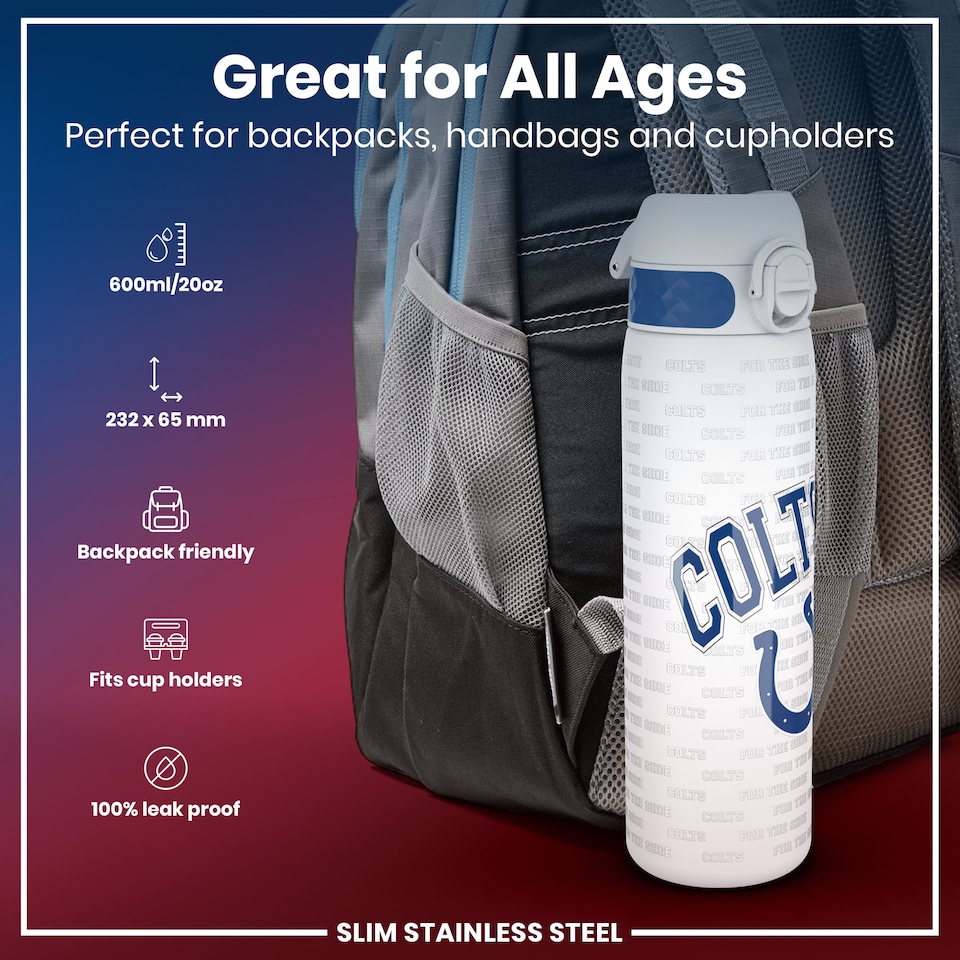 image 1 of Leak Proof Slim Water Bottle, Stainless Steel, NFL, 600ml (20oz) | White | NFL Colts | One Size