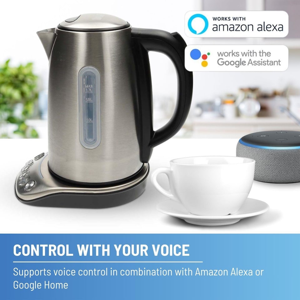 image 1 of Nedis Smart Wi-Fi Kettle, 1.7L Stainless Steel, Variable Temperature 70-100c, 2200W, App& Voice Control, Compatible with Alexa & Google