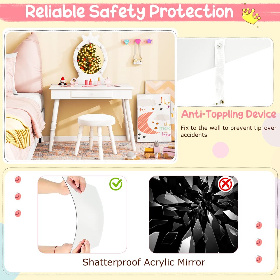 image 1 of COSTWAY Princess Vanity Table & Chair Set Kids Set White