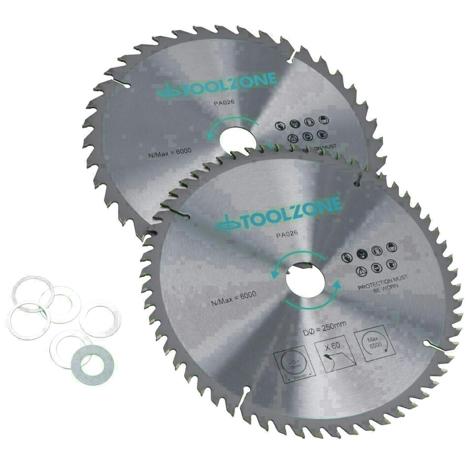 image 1 of 2pc 250mm TCT Circular Saw Blades 40 and 60 Teeth with Adapter Rings TE321