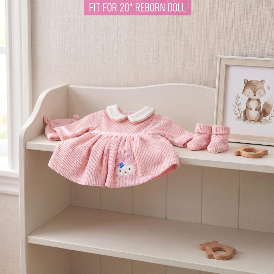 image 1 of BiBi Doll Reborn Baby Girl Clothes Set Pink Bunny Dress Outfit for 20 inch Dolls