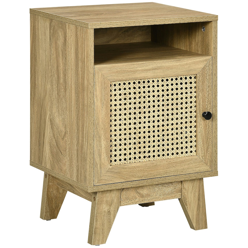 image 1 of HOMCOM Nightstand, Rattan Bedside Table w/ Cabinet, Shelf, Natural