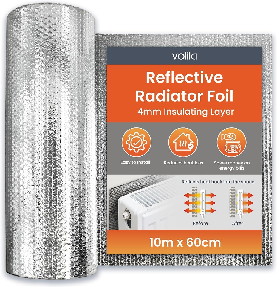 image 1 of Radiator Foil Insulation Roll Reflector Panels - Energy Saving Radiator Heat Deflector for Home Heating | Silver | 10m x 60cm - Roll | 1