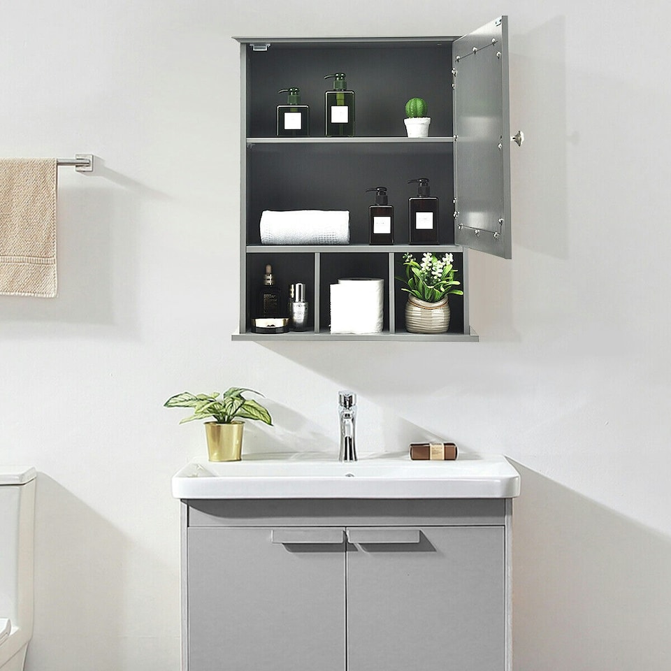 image 1 of COSTWAY Bathroom Wall Storage Cabinet Medicine Organizer Grey | Grey | 1
