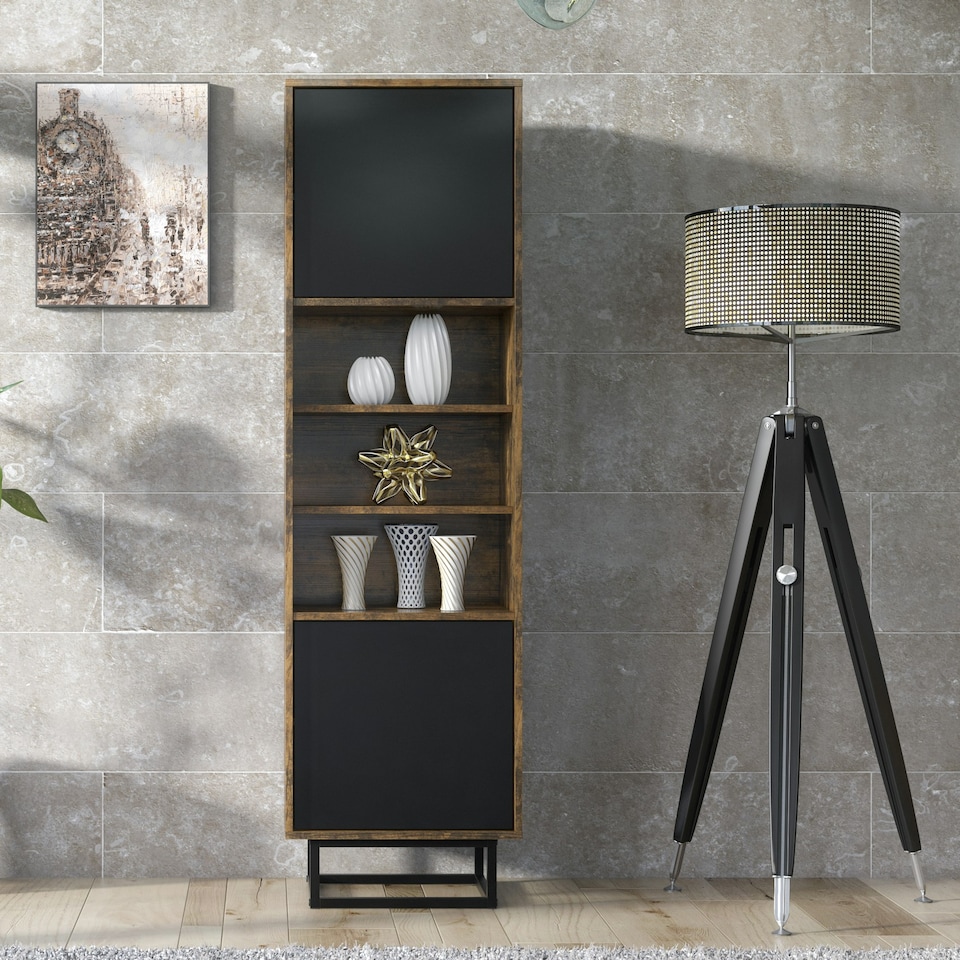image 1 of Tall Display Cabinet 175cm – Industrial Oak & Black Matt Doors with Metal Frame Black | Oak