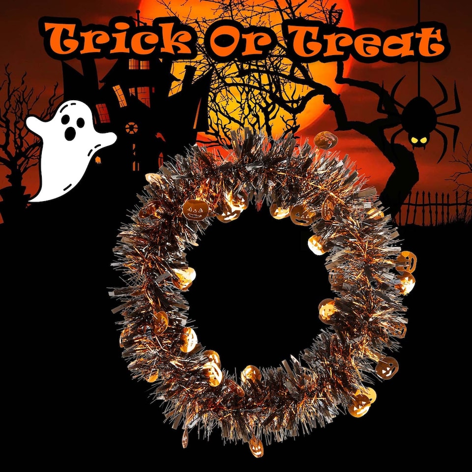 image 1 of PMS Multicoloured Halloween Tinsel Wreath, 34cm x 36cm
