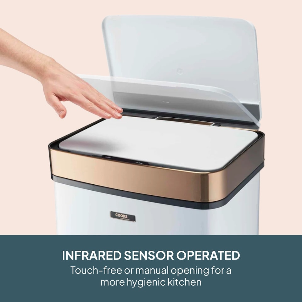 image 1 of Cooks Professional Recycling Sensor Bin 75L with Dual Compartments & Food Caddy | White | White & Copper