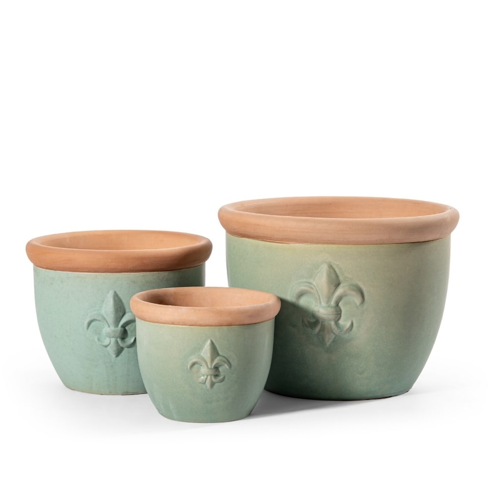 image 1 of Primrose Fiore Fleur De Lys Patterned Ceramic Planter in Green 32cm | Green | Green