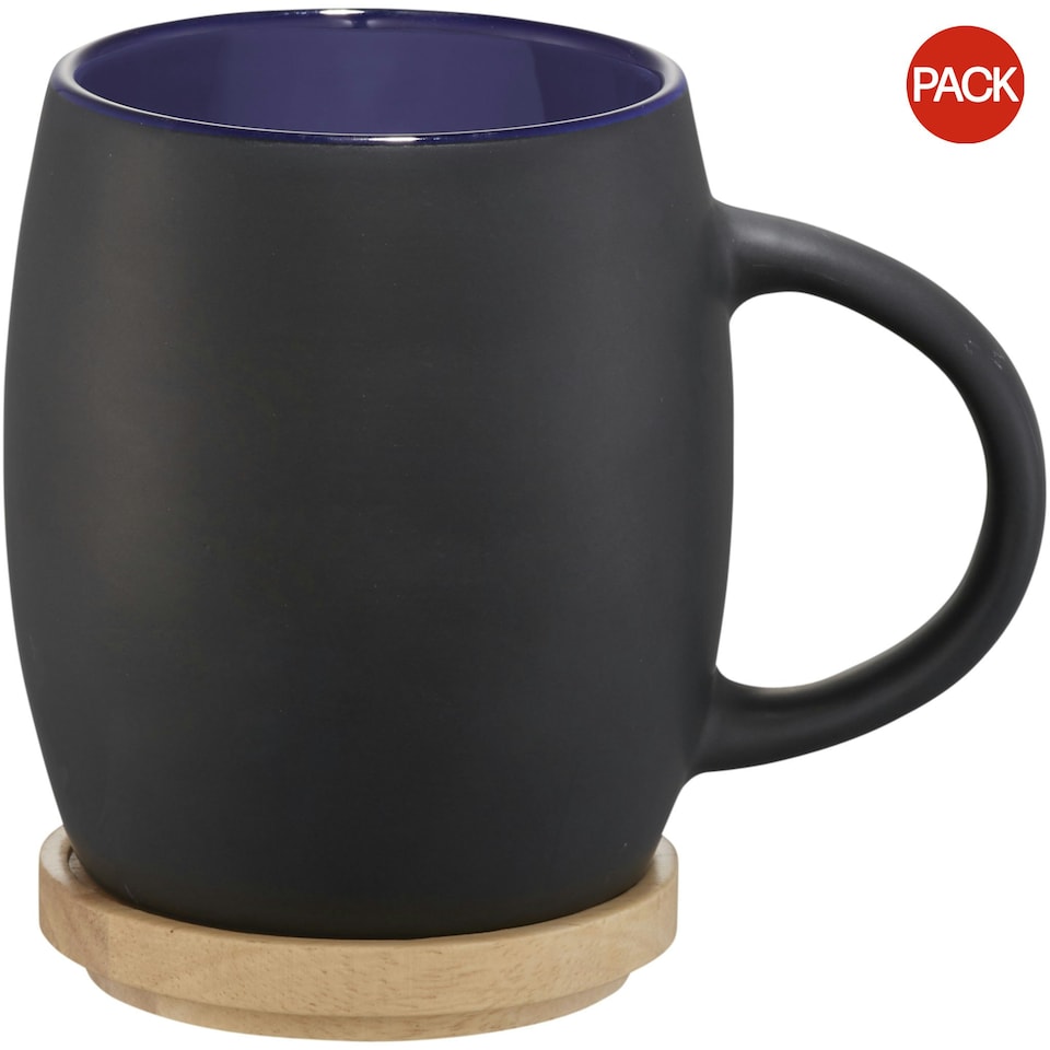 Avenue Hearth Ceramic Mug With Wood Lid/Coaster (Pack of 2) - Solid Black/Blue - 10.4 x 7.5 cm